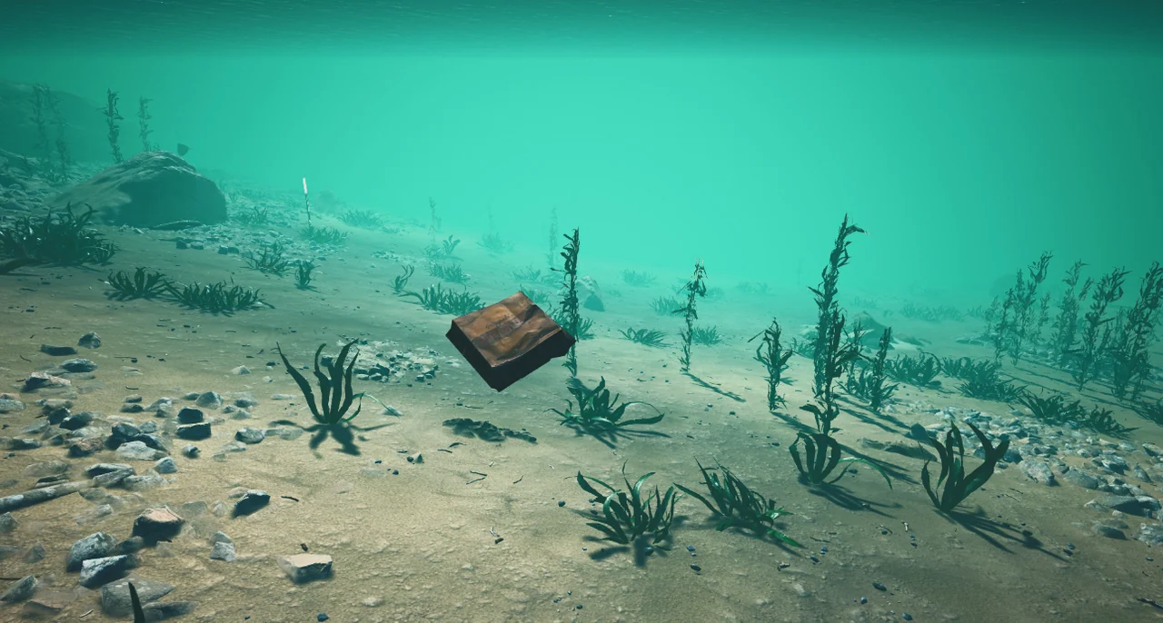 An underwater 3D scene with aquatic plants, scattered objects and turquoise light in Mosel’s Essence.