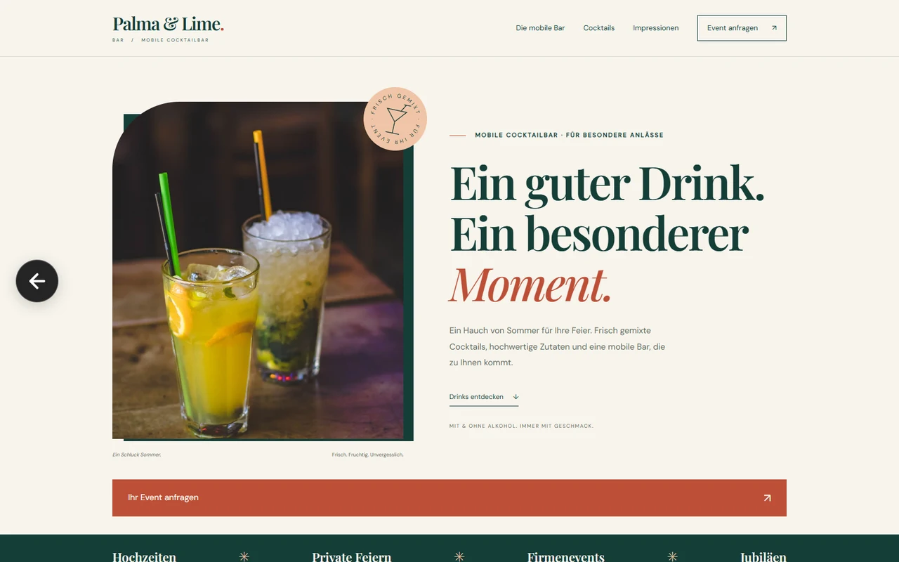 Website-Konzept Palma & Lime: warmer, lebendiger One-Pager für eine fiktive mobile Cocktailbar